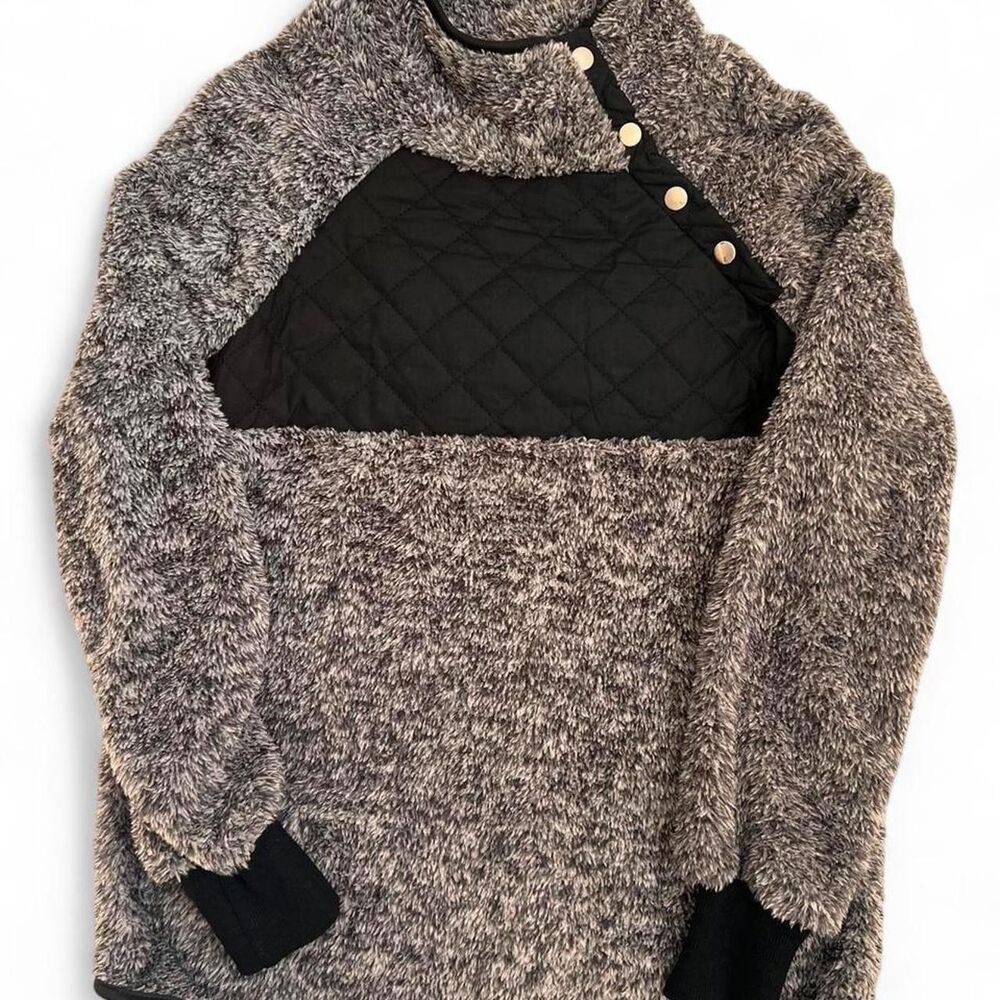Cozy Sherpa Snap Pullover Gray Quilted Fleece Teddy Relaxed Fit Women’s Small